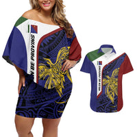 Personalised PNG Milne Bay Province Couples Matching Off Shoulder Short Dress and Hawaiian Shirt Bird of Paradise Tattoo Flag Motif LT9 Blue - Polynesian Pride
