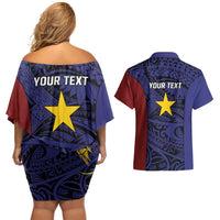 Personalised PNG Milne Bay Province Couples Matching Off Shoulder Short Dress and Hawaiian Shirt Bird of Paradise Tattoo Flag Motif LT9 - Polynesian Pride