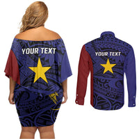 Personalised PNG Milne Bay Province Couples Matching Off Shoulder Short Dress and Long Sleeve Button Shirt Bird of Paradise Tattoo Flag Motif LT9 - Polynesian Pride