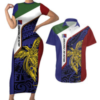 Personalised PNG Milne Bay Province Couples Matching Short Sleeve Bodycon Dress and Hawaiian Shirt Bird of Paradise Tattoo Flag Motif LT9 Blue - Polynesian Pride
