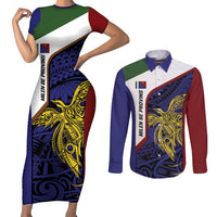 Personalised PNG Milne Bay Province Couples Matching Short Sleeve Bodycon Dress and Long Sleeve Button Shirt Bird of Paradise Tattoo Flag Motif LT9 Blue - Polynesian Pride