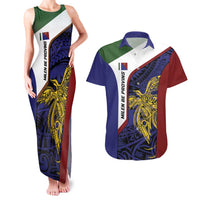 Personalised PNG Milne Bay Province Couples Matching Tank Maxi Dress and Hawaiian Shirt Bird of Paradise Tattoo Flag Motif LT9 Blue - Polynesian Pride