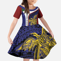Personalised PNG Milne Bay Province Family Matching Off Shoulder Maxi Dress and Hawaiian Shirt Bird of Paradise Tattoo Flag Motif LT9 Daughter's Dress Blue - Polynesian Pride