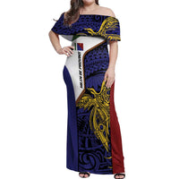 Personalised PNG Milne Bay Province Off Shoulder Maxi Dress Bird of Paradise Tattoo Flag Motif LT9 Women Blue - Polynesian Pride