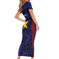 Personalised PNG Milne Bay Province Short Sleeve Bodycon Dress Bird of Paradise Tattoo Flag Motif LT9 - Polynesian Pride