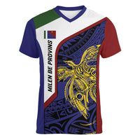 Personalised PNG Milne Bay Province Women V-Neck T-Shirt Bird of Paradise Tattoo Flag Motif LT9 Female Blue - Polynesian Pride