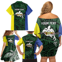 Personalised PNG Morobe Province Family Matching Off Shoulder Short Dress and Hawaiian Shirt Bird of Paradise Tattoo Flag Motif LT9 - Polynesian Pride