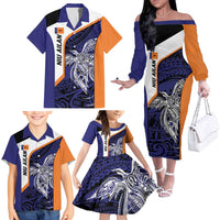 Personalised PNG New Ireland Family Matching Off The Shoulder Long Sleeve Dress and Hawaiian Shirt Bird of Paradise Tattoo Flag Motif LT9 - Polynesian Pride