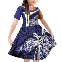 Personalised PNG New Ireland Family Matching Off Shoulder Short Dress and Hawaiian Shirt Bird of Paradise Tattoo Flag Motif LT9 Daughter's Dress Orange - Polynesian Pride