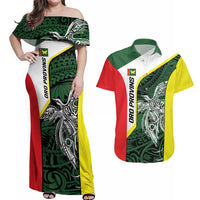 Personalised PNG Oro Province Couples Matching Off Shoulder Maxi Dress and Hawaiian Shirt Bird of Paradise Tattoo Flag Motif LT9 Green - Polynesian Pride