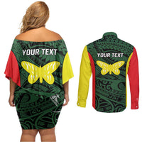 Personalised PNG Oro Province Couples Matching Off Shoulder Short Dress and Long Sleeve Button Shirt Bird of Paradise Tattoo Flag Motif LT9 - Polynesian Pride