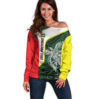Personalised PNG Oro Province Off Shoulder Sweater Bird of Paradise Tattoo Flag Motif LT9 Women Green - Polynesian Pride