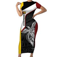 Personalised PNG Western Province Short Sleeve Bodycon Dress Bird of Paradise Tattoo Flag Motif LT9 Long Dress Red - Polynesian Pride
