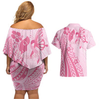 Pacific Girl and Butterfly Cancer Ribbon Personalised Couples Matching Off Shoulder Short Dress and Hawaiian Shirt LT9 - Polynesian Pride