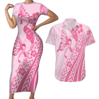 Pacific Girl and Butterfly Cancer Ribbon Personalised Couples Matching Short Sleeve Bodycon Dress and Hawaiian Shirt LT9 Pink - Polynesian Pride