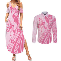 Pacific Girl and Butterfly Cancer Ribbon Personalised Couples Matching Summer Maxi Dress and Long Sleeve Button Shirt LT9 Pink - Polynesian Pride