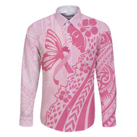 Pacific Girl and Butterfly Cancer Ribbon Personalised Family Matching Mermaid Dress and Hawaiian Shirt LT9 Dad's Shirt - Long Sleeve Pink - Polynesian Pride