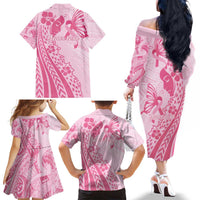 Pacific Girl and Butterfly Cancer Ribbon Personalised Family Matching Off The Shoulder Long Sleeve Dress and Hawaiian Shirt LT9 - Polynesian Pride