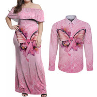 Faith Hope Love Butterfly Ribbon Personalised Couples Matching Off Shoulder Maxi Dress and Long Sleeve Button Shirt LT9 Pink - Polynesian Pride