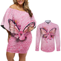 Faith Hope Love Butterfly Ribbon Personalised Couples Matching Off Shoulder Short Dress and Long Sleeve Button Shirt LT9 Pink - Polynesian Pride
