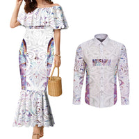 Custom New Zealand Aotearoa Couples Matching Mermaid Dress and Long Sleeve Button Shirt Pink Maori Paua Shell Indigenous - Polynesian Pride