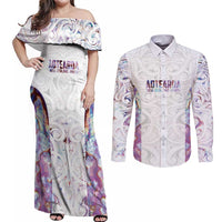 Custom New Zealand Aotearoa Couples Matching Off Shoulder Maxi Dress and Long Sleeve Button Shirt Pink Maori Paua Shell Indigenous LT9 Pink - Polynesian Pride