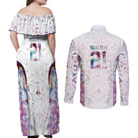 Custom New Zealand Aotearoa Couples Matching Off Shoulder Maxi Dress and Long Sleeve Button Shirt Pink Maori Paua Shell Indigenous LT9 - Polynesian Pride