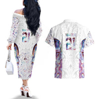 Custom New Zealand Aotearoa Couples Matching Off The Shoulder Long Sleeve Dress and Hawaiian Shirt Pink Maori Paua Shell Indigenous LT9 - Polynesian Pride