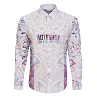 Custom New Zealand Aotearoa Family Matching Off The Shoulder Long Sleeve Dress and Hawaiian Shirt Pink Maori Paua Shell Indigenous LT9 Dad's Shirt - Long Sleeve Pink - Polynesian Pride