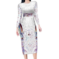 Custom New Zealand Aotearoa Long Sleeve Bodycon Dress Pink Maori Paua Shell Indigenous LT9 Long Dress Pink - Polynesian Pride