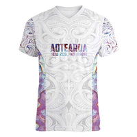 Custom New Zealand Aotearoa Women V-Neck T-Shirt Pink Maori Paua Shell Indigenous LT9 Female Pink - Polynesian Pride