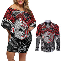 Aotearoa and Australia Couples Matching Off Shoulder Short Dress and Long Sleeve Button Shirt New Zealand Honour The Treaty Ake!Ake!Ake! LT9 Red - Polynesian Pride