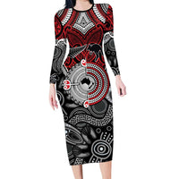 Aotearoa and Australia Long Sleeve Bodycon Dress New Zealand Honour The Treaty Ake!Ake!Ake! LT9 Long Dress Red - Polynesian Pride