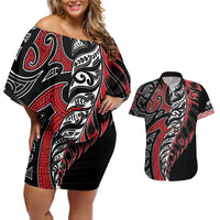 Koru Fern New Zealand Couples Matching Off Shoulder Short Dress and Hawaiian Shirt Maori Tribal Pattern LT9 Red - Polynesian Pride