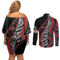 Koru Fern New Zealand Couples Matching Off Shoulder Short Dress and Long Sleeve Button Shirt Maori Tribal Pattern LT9 - Polynesian Pride
