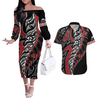 Koru Fern New Zealand Couples Matching Off The Shoulder Long Sleeve Dress and Hawaiian Shirt Maori Tribal Pattern LT9 Red - Polynesian Pride