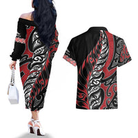 Koru Fern New Zealand Couples Matching Off The Shoulder Long Sleeve Dress and Hawaiian Shirt Maori Tribal Pattern LT9 - Polynesian Pride