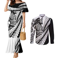 Koru Fern New Zealand Maori Tribal Warrior Couples Matching Mermaid Dress and Long Sleeve Button Shirt LT9 Black - Polynesian Pride