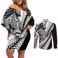 Koru Fern New Zealand Maori Tribal Warrior Couples Matching Off Shoulder Short Dress and Long Sleeve Button Shirt LT9 Black - Polynesian Pride