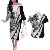 Koru Fern New Zealand Maori Tribal Warrior Couples Matching Off The Shoulder Long Sleeve Dress and Hawaiian Shirt LT9 Black - Polynesian Pride
