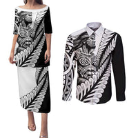 Koru Fern New Zealand Maori Tribal Warrior Couples Matching Puletasi and Long Sleeve Button Shirt LT9 Black - Polynesian Pride