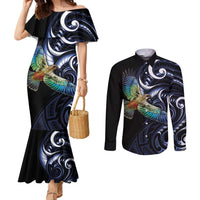 New Zealand Kea Bird Personalised Couples Matching Mermaid Dress and Long Sleeve Button Shirt Maori Tribal Koru Art LT9 Blue - Polynesian Pride