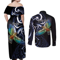 New Zealand Kea Bird Personalised Couples Matching Off Shoulder Maxi Dress and Long Sleeve Button Shirt Maori Tribal Koru Art LT9 - Polynesian Pride