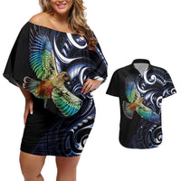 New Zealand Kea Bird Personalised Couples Matching Off Shoulder Short Dress and Hawaiian Shirt Maori Tribal Koru Art LT9 Blue - Polynesian Pride