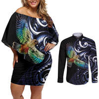 New Zealand Kea Bird Personalised Couples Matching Off Shoulder Short Dress and Long Sleeve Button Shirt Maori Tribal Koru Art LT9 Blue - Polynesian Pride