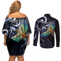 New Zealand Kea Bird Personalised Couples Matching Off Shoulder Short Dress and Long Sleeve Button Shirt Maori Tribal Koru Art LT9 - Polynesian Pride