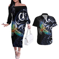 New Zealand Kea Bird Personalised Couples Matching Off The Shoulder Long Sleeve Dress and Hawaiian Shirt Maori Tribal Koru Art LT9 Blue - Polynesian Pride