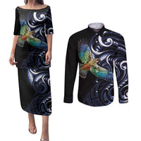 New Zealand Kea Bird Personalised Couples Matching Puletasi and Long Sleeve Button Shirt Maori Tribal Koru Art LT9 Blue - Polynesian Pride