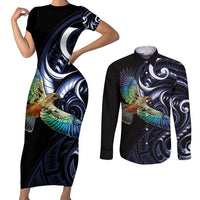 New Zealand Kea Bird Personalised Couples Matching Short Sleeve Bodycon Dress and Long Sleeve Button Shirt Maori Tribal Koru Art LT9 Blue - Polynesian Pride