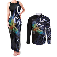 New Zealand Kea Bird Personalised Couples Matching Tank Maxi Dress and Long Sleeve Button Shirt Maori Tribal Koru Art LT9 Blue - Polynesian Pride